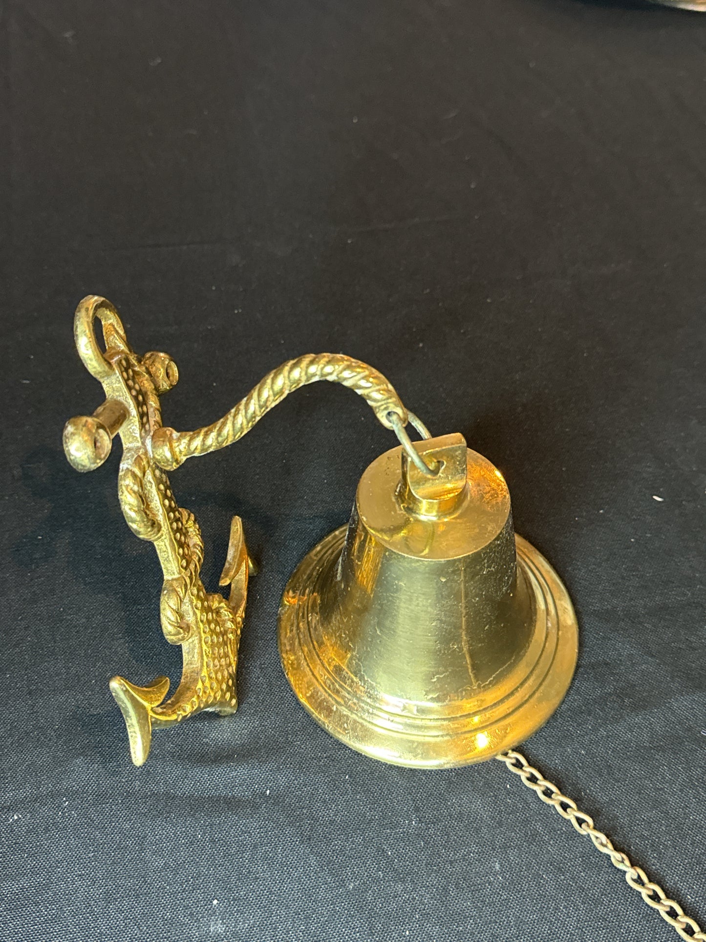 Solid Brass Ships Bell w/ Anchor and Chain Ringer 4 1/8" Tall