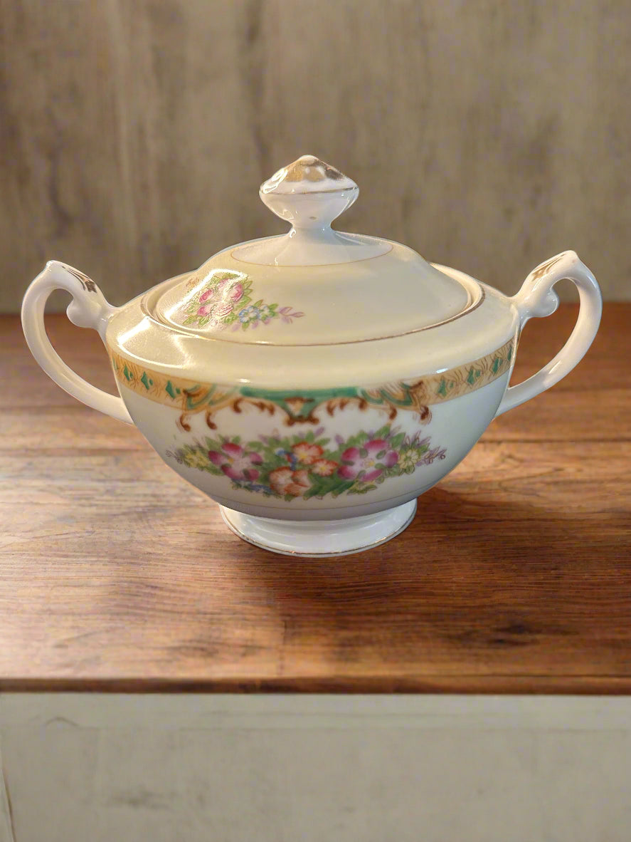 Vintage Diamond DIA4 Pattern Japan Sugar Bowl and Lid 4" Tall