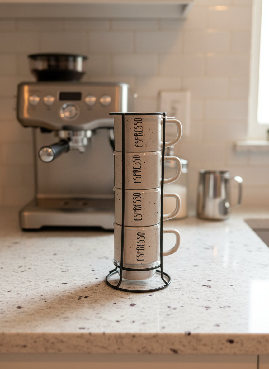 Grey Speckled Espresso Cups (4) Stacking Cups with Metal Holder 3" Mugs