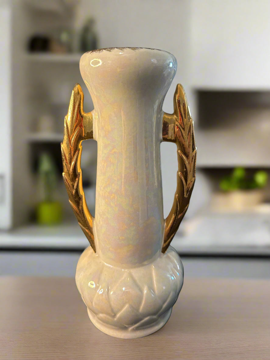 Hollywood Regency Lusterware Ceramic Vase Vintage 9 3/8" Tall
