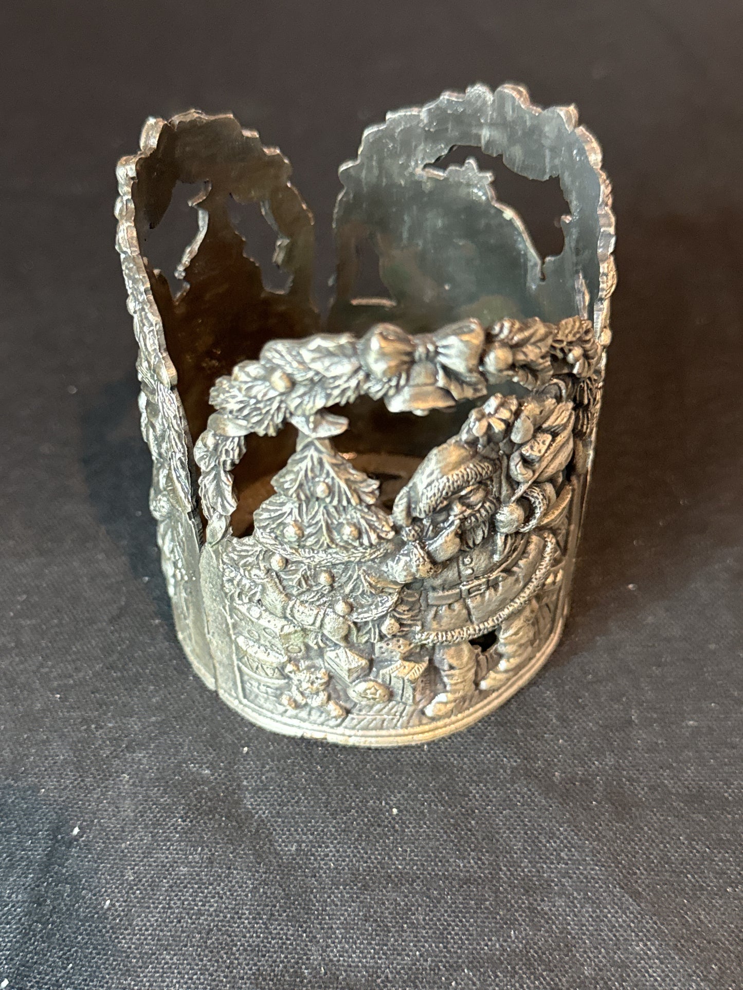 Pair of Godinger Santa Clause Design Votive Candle Holder Pewter Finish 3.5" Tall