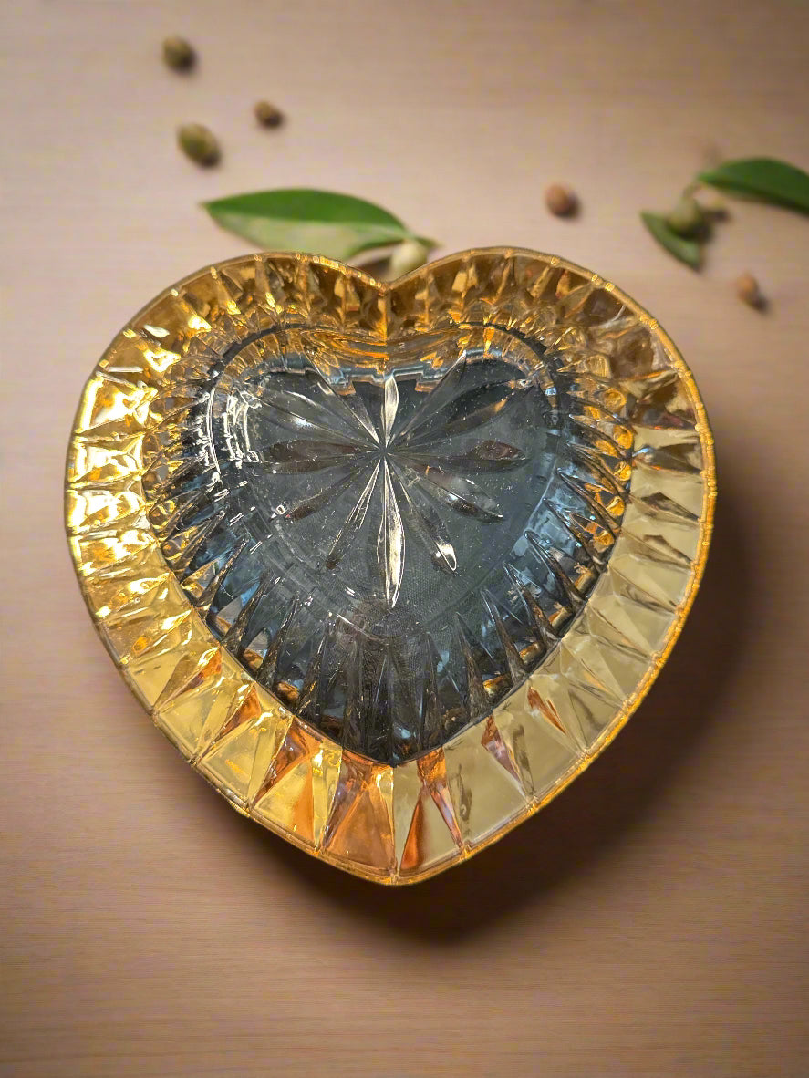 Mikasa Crystal Glass Heart Shaped Candy Dish Gold Top Rim 7.5" Wide