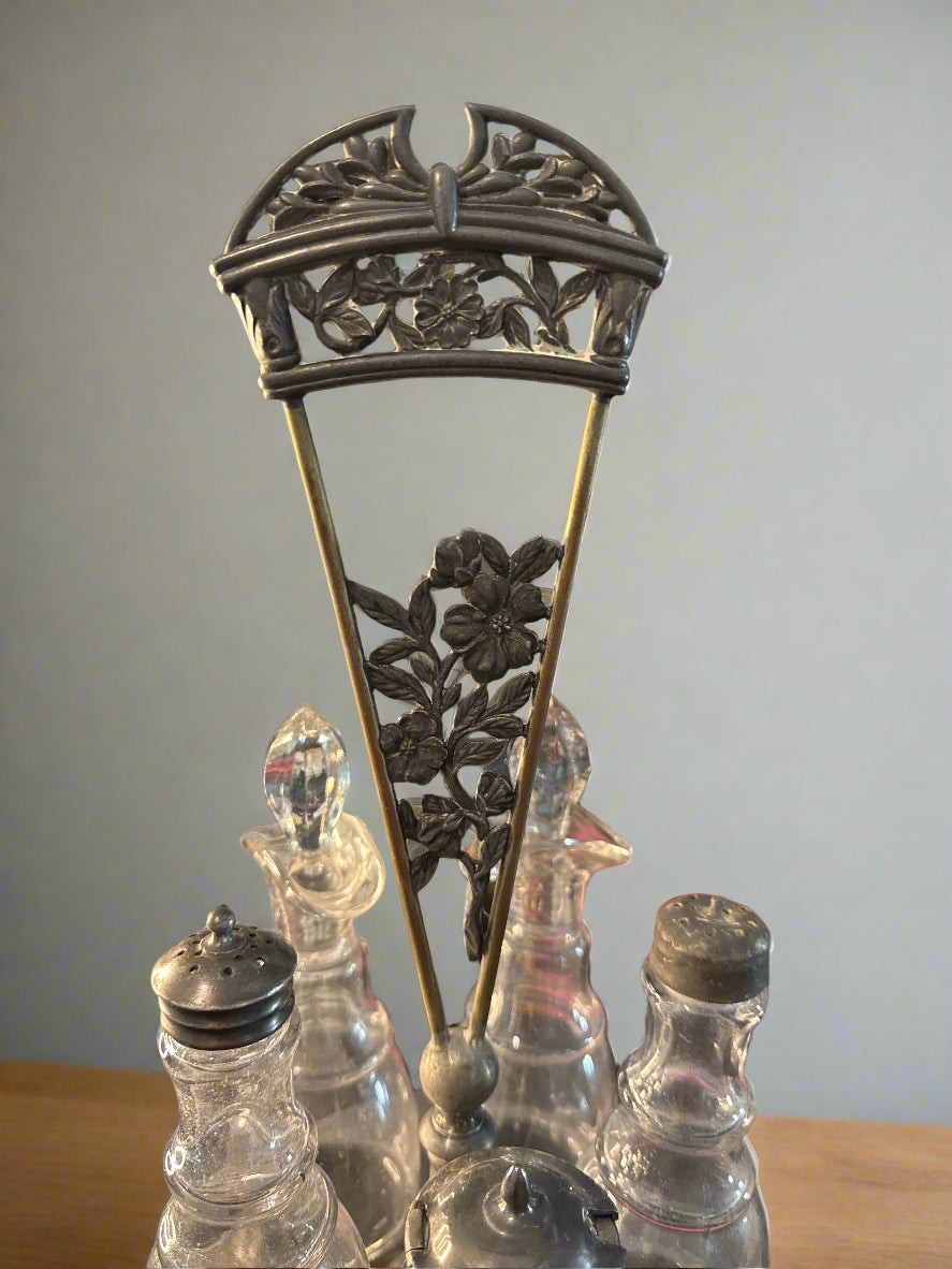 Silver Etched Cut Glass Caster Cruet Beautiful Set Glows Under Black Light 18" Tall