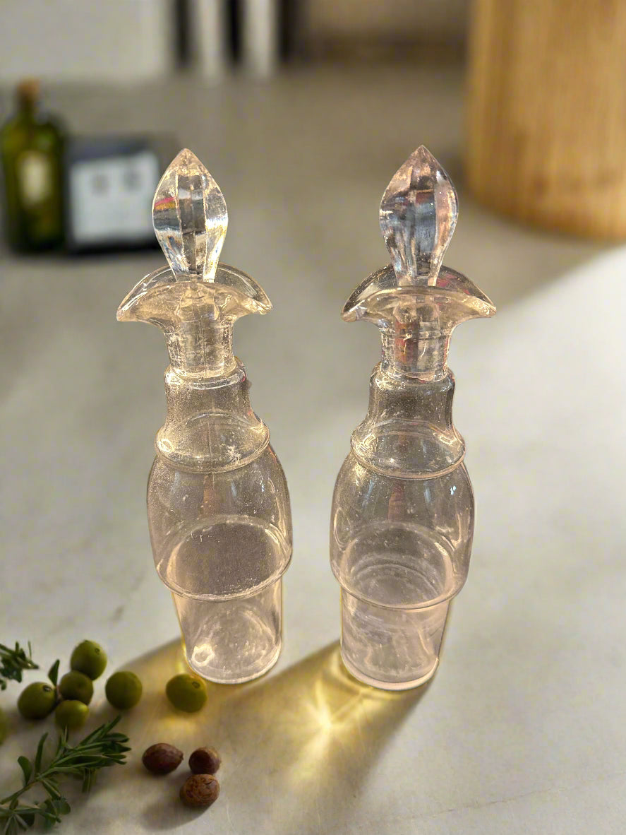 Silver Etched Cut Glass Caster Cruet Beautiful Set Glows Under Black Light 18" Tall