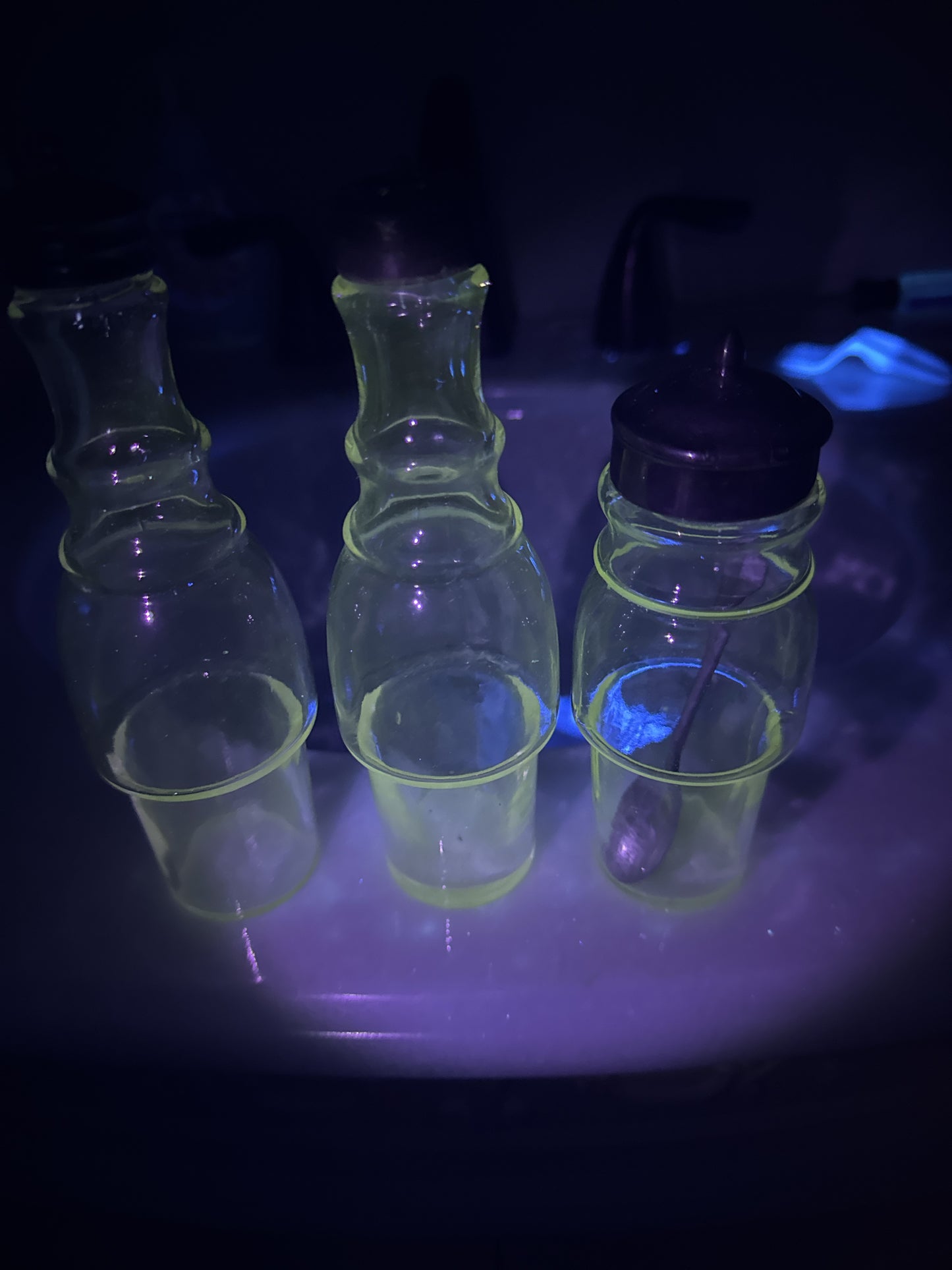 Silver Etched Cut Glass Caster Cruet Beautiful Set Glows Under Black Light 18" Tall