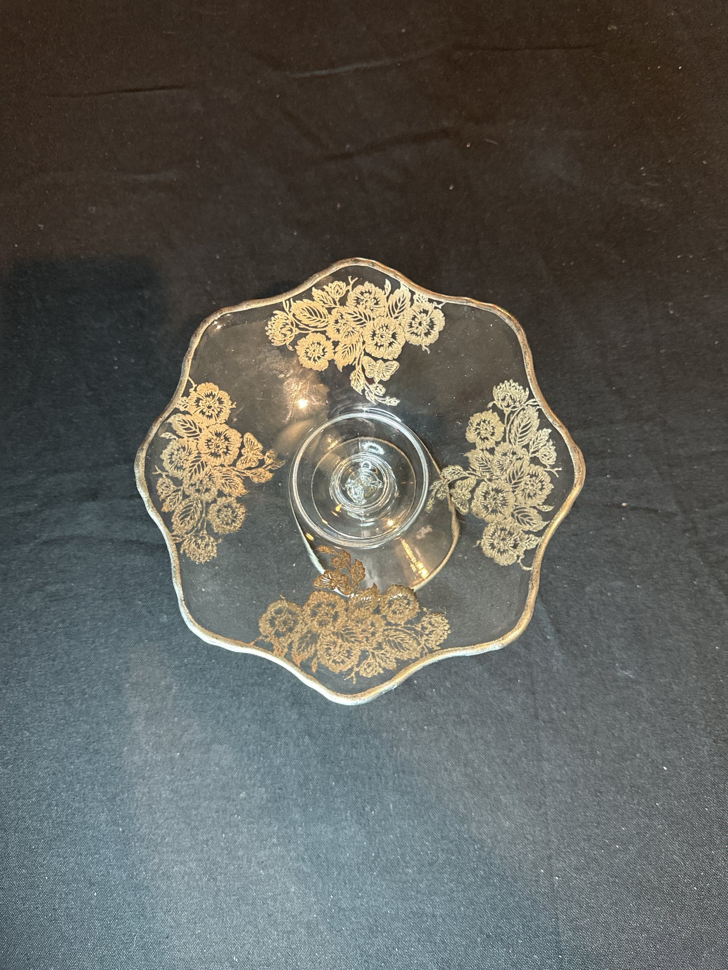Vintage Clear Glass Pedestal Candy Dish With Gold Embossed Flowers & Gold Trim