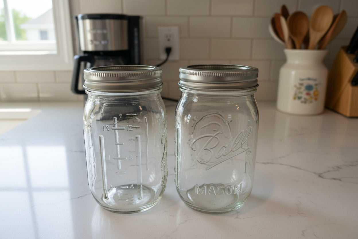 Pair of Ball Vintage Wide Mouth Clear Mason Jars 16oz With Screw Cap With No Lid 5.25" Tall