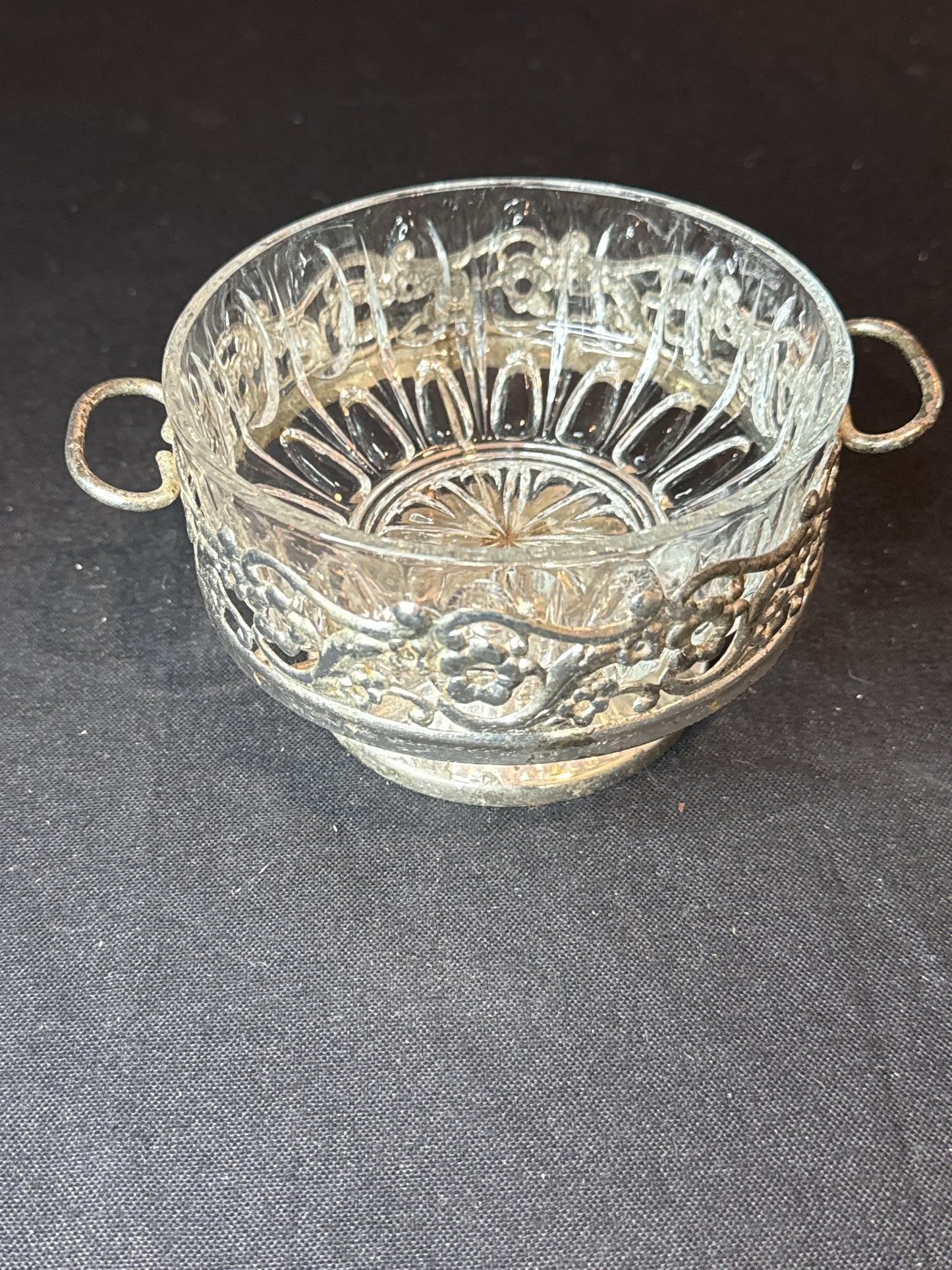 Antique Silver Plate & Cut Glass Candy Dish 3" H X 5" D