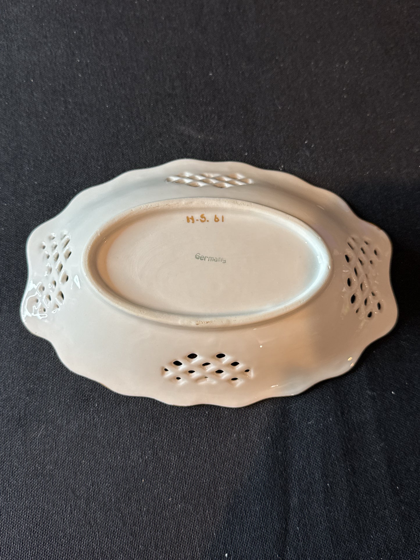 Vintage Pierced Porcelain Trinket Dish 6.75" x 4.75" Pink With Gold Accent Paint Germany