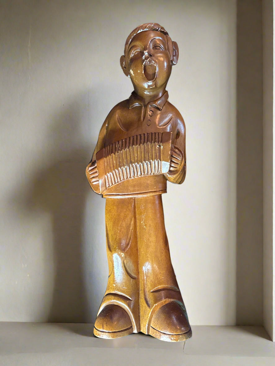 16" S. C. Vizcarra Wood Sculpture Boy with Accordion