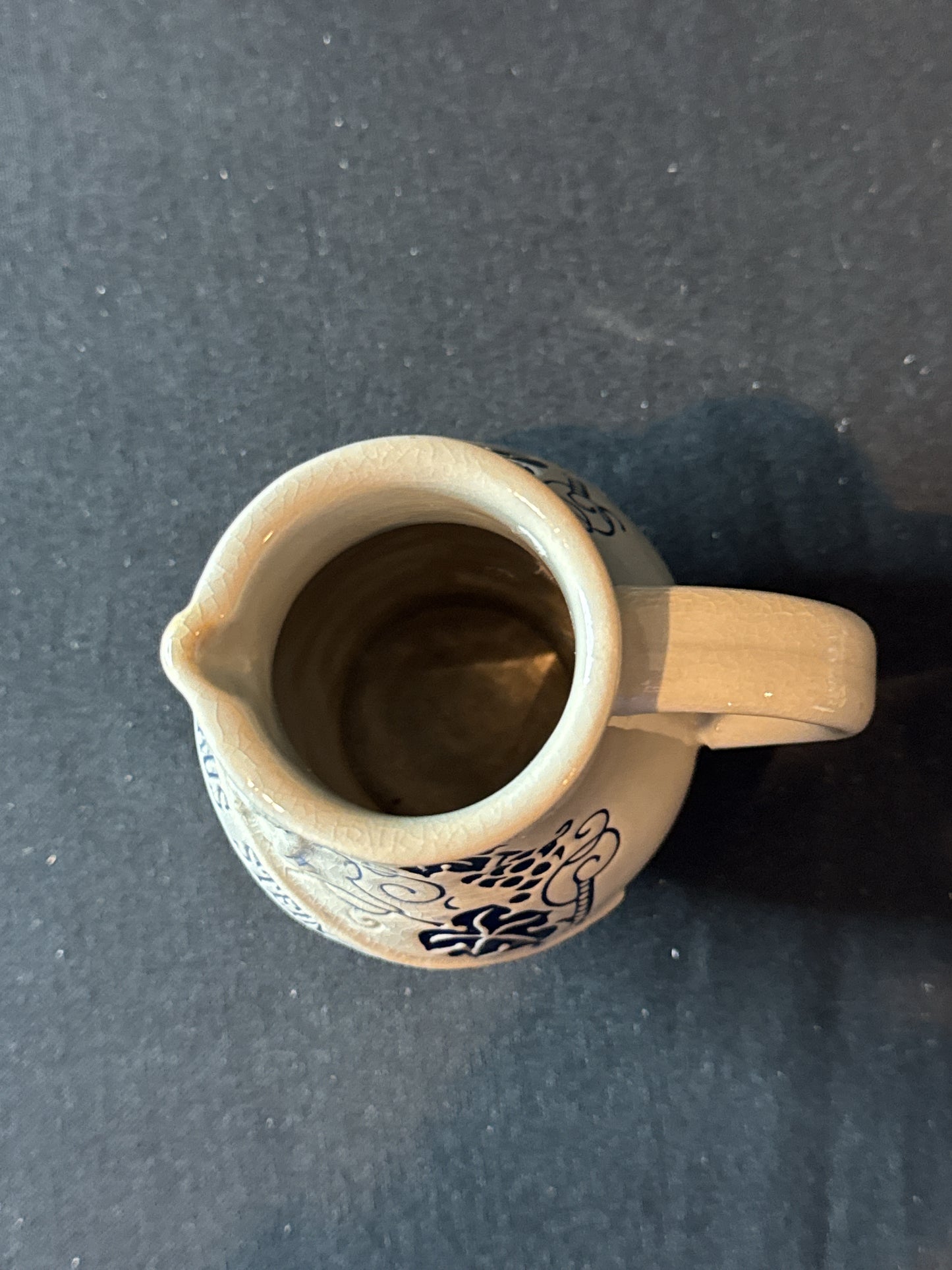 Wick Werke Salt Glaze Stoneware 1/4L Pitcher 5" Tall Blue Glaze "Drink Wine From The Stone