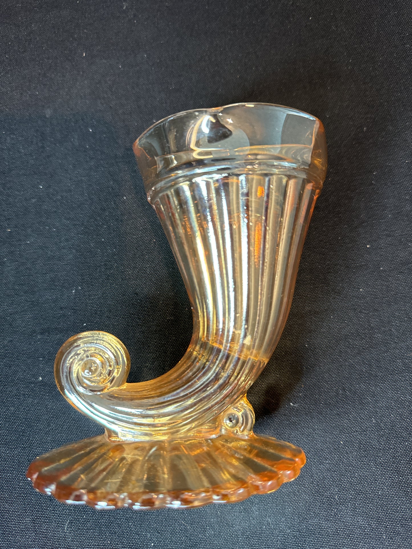 Set of 2 Jeanette Marigold Carnival Glass Cornucopia Vases