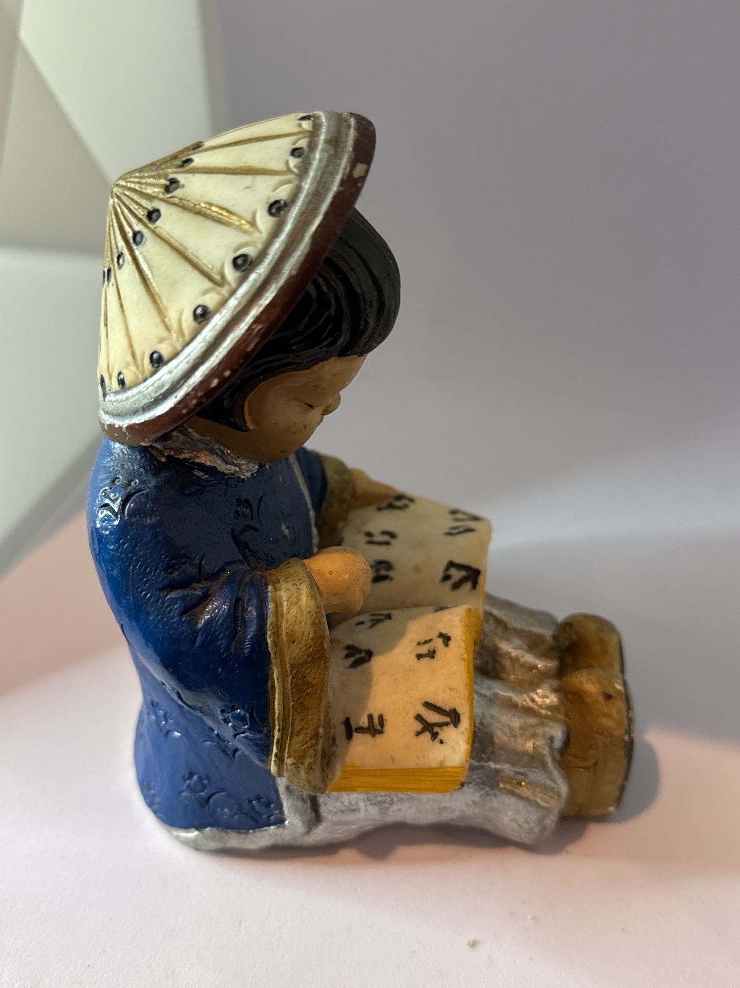 Vintage Asian Child Reading a Book Statue Figurine Blue 5.5" Tall