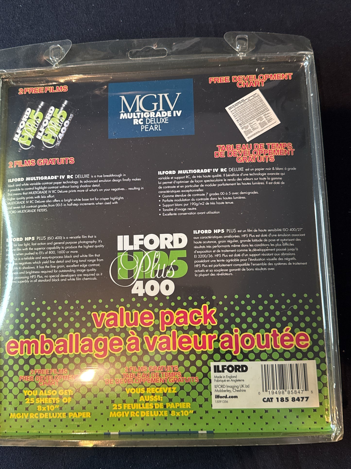 25-Sheet Pkg Ilford 8X10" MGIV RC Deluxe Pearl Paper w/ 4 Rolls Expired 400 Film May 2007