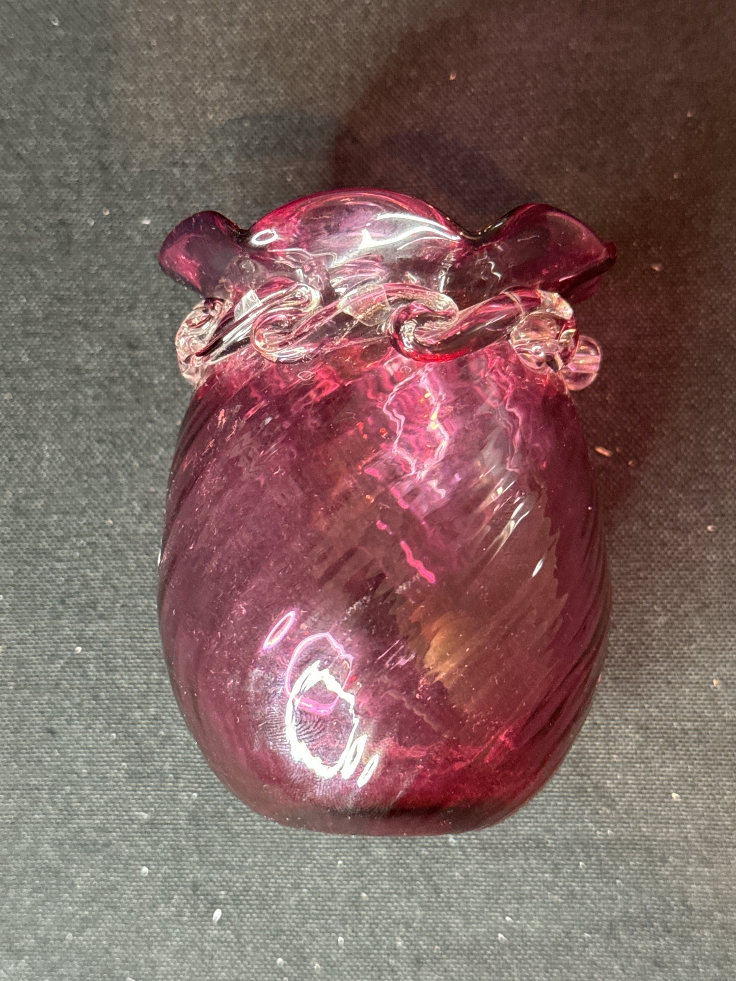 Vintage Petite Hand Blown Pontil Art Glass Cranberry Bud Vase with Optic Swirl Pattern 3.5"