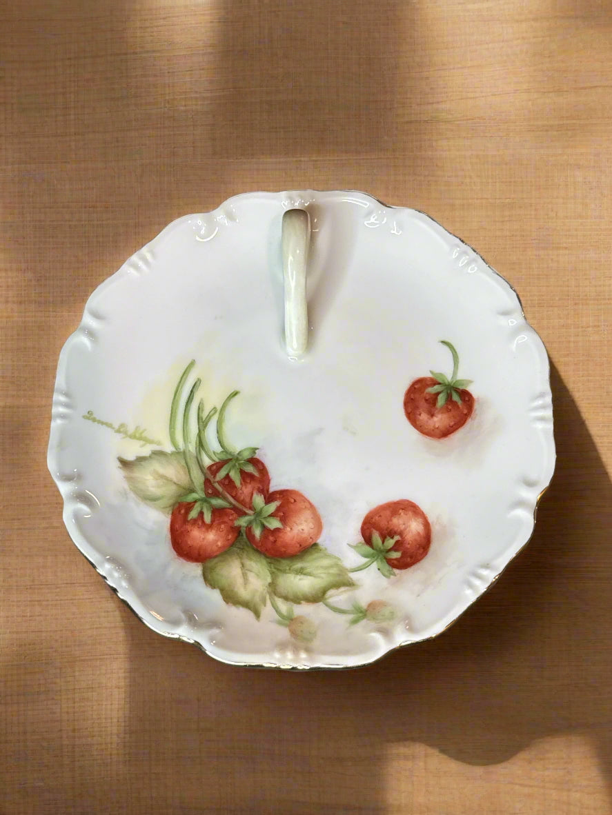1960s-70s Hand Painted Strawberries Fine China Nappy Plate 6" Wide