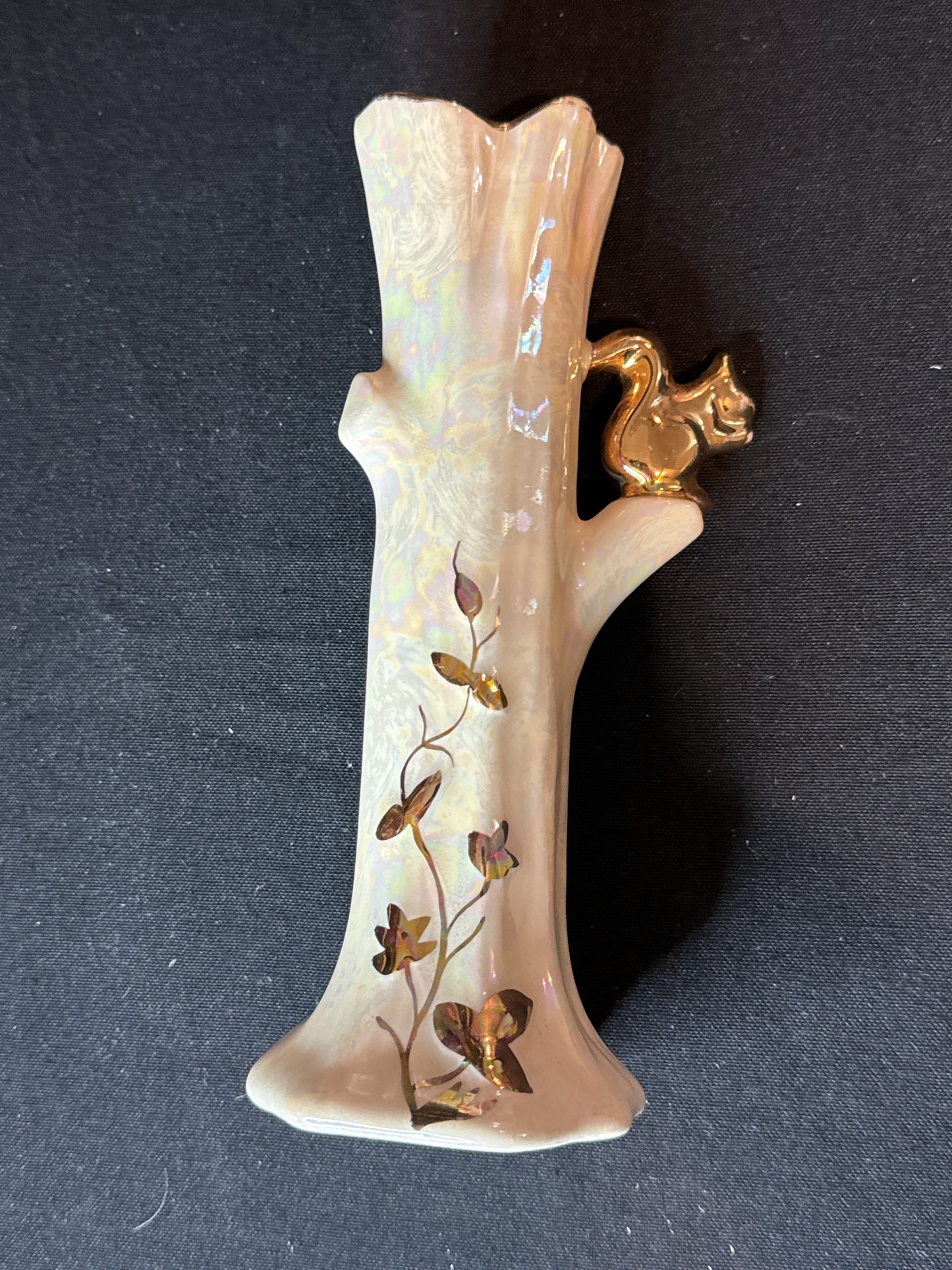 Vintage Lusterware Iridescent Ceramic Gold Trim Tree Trunk Vase with Squirrel 8.25" Tall