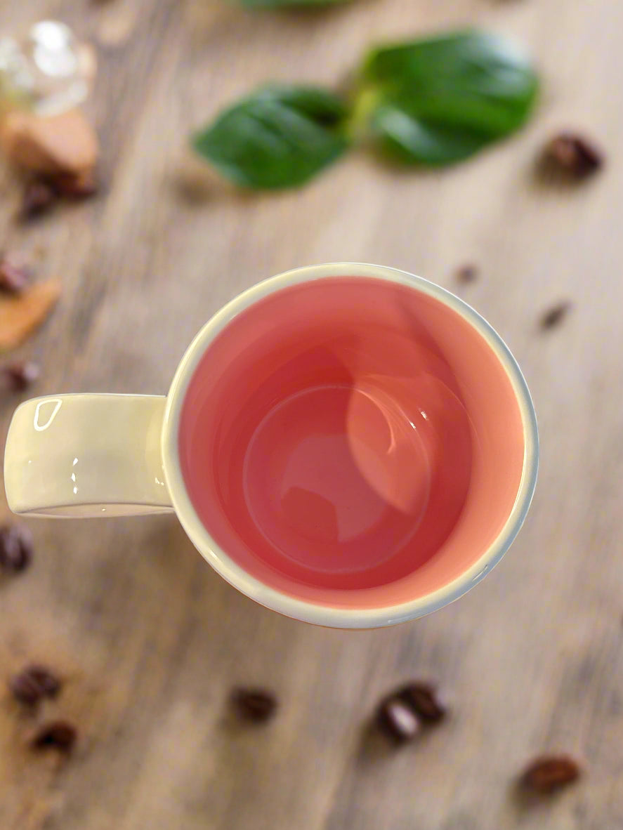 Meaningful Home Coffee Cup Mug White with Black Flowers Pink Interior 4.5" Tall New