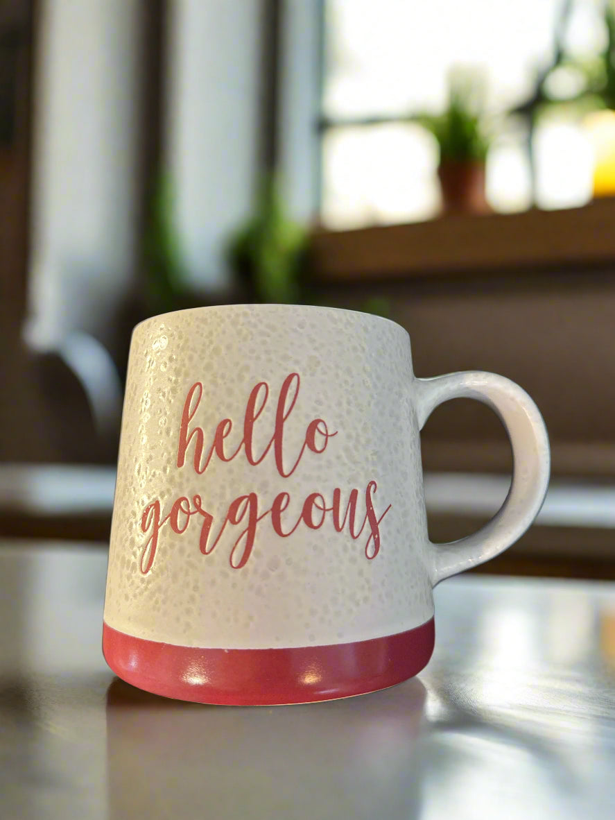 United Paper & Crafts "Hello Gorgeous" Coffee Cup Mug Burgundy Letters 4 1/8" Tall New