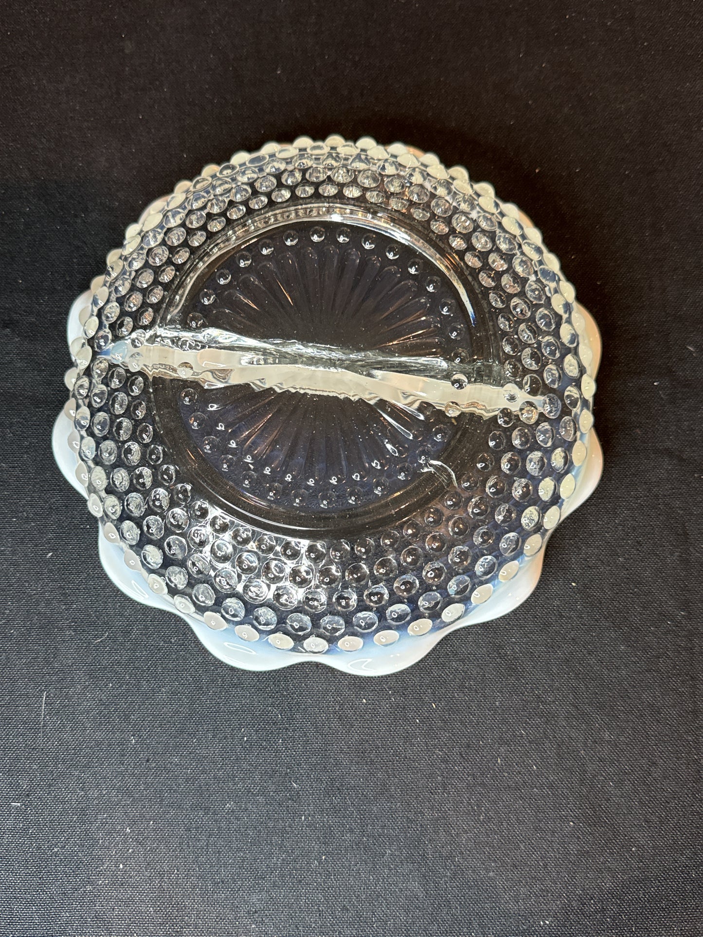 Vintage Moonstone White Opalescent Hobnail Divided Dish Candy Nuts Relish 7.5"