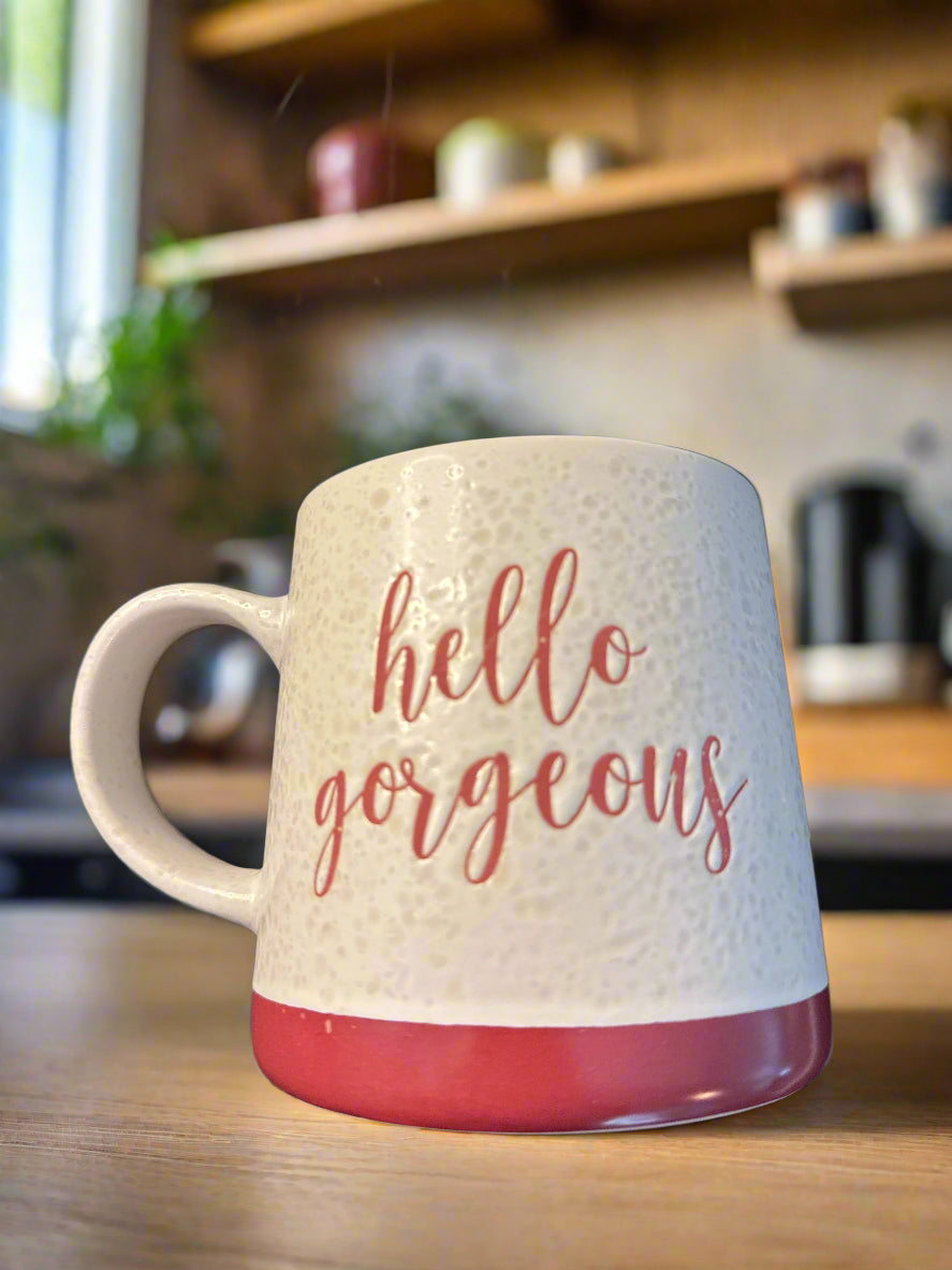 United Paper & Crafts "Hello Gorgeous" Coffee Cup Mug Burgundy Letters 4 1/8" Tall New