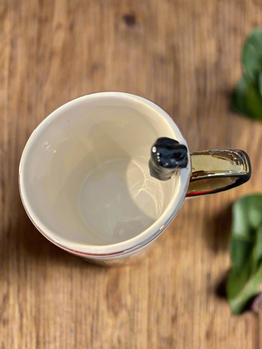 White and Pink with Black Speckles Coffee Cup Mug With Dog on Rim 4.5" Tall Gold Handle New