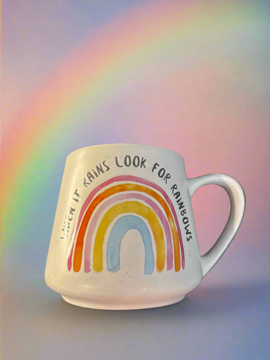 Sheffield Home "When It Rains Look For Rainbows" Coffee Cup Mug Pink Interior 4" Tall New