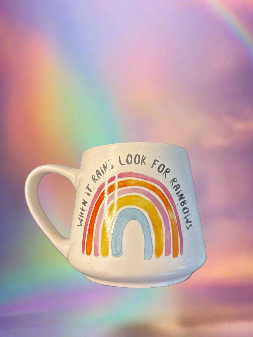 Sheffield Home "When It Rains Look For Rainbows" Coffee Cup Mug Pink Interior 4" Tall New