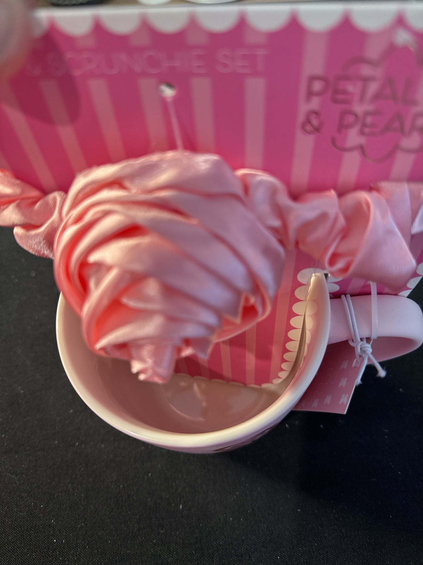 Petal & Pearl Pink Floral Coffee Mug Cup & Scrunchie Set 4.5" Tall Soft Feel New