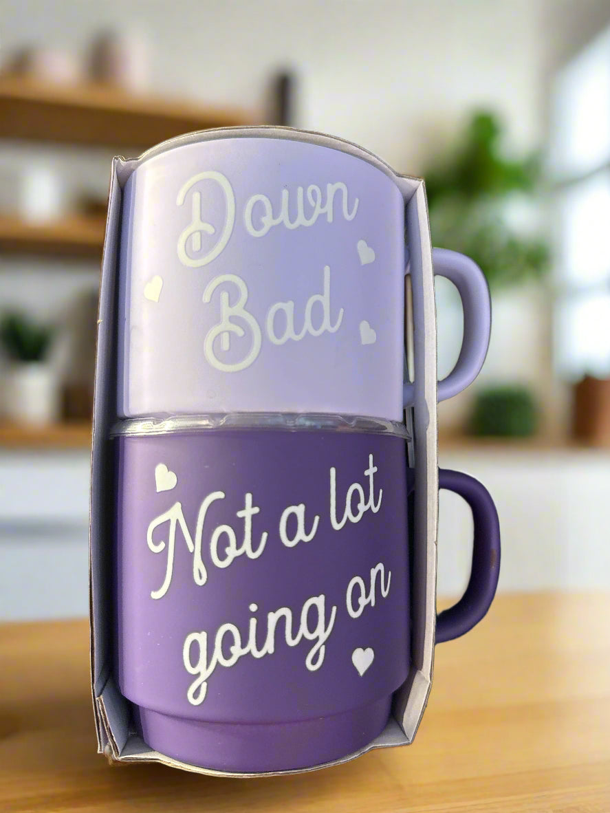 Sheffield Home Set of Two Stackable Coffee Cups Mugs 3.5" Tall Purple "Down Bad" New