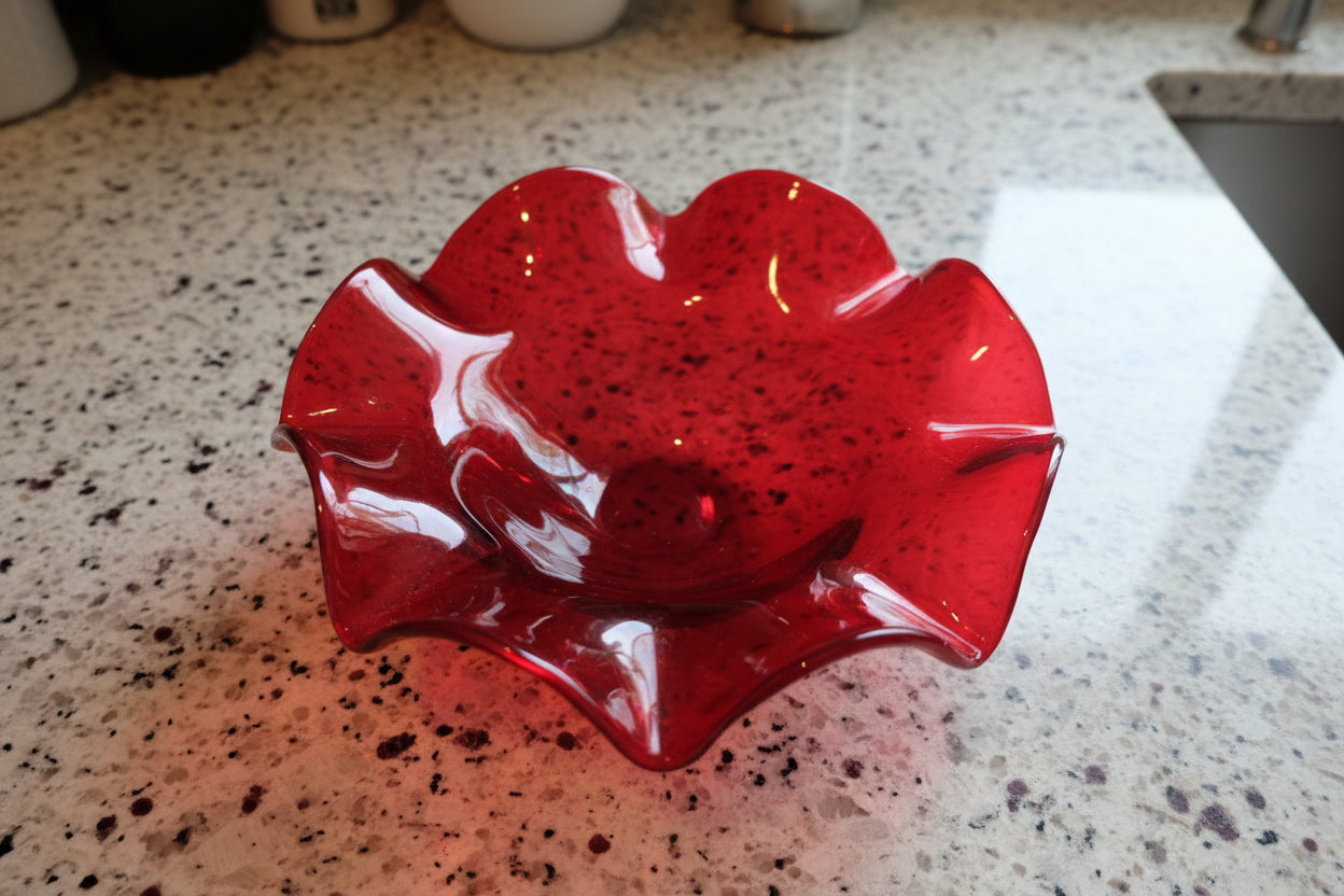 Ruby Red Glass Ruffled Flower Petal Glass Bowl Murano Style Thick Glass 8.5" W x 2.25" Tall