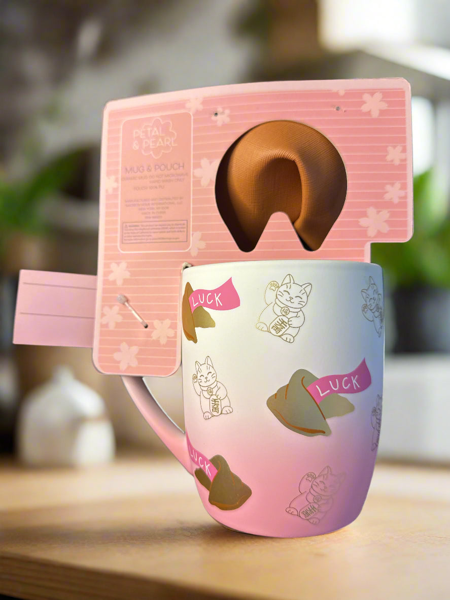 Petal & Pearl Pink "Luck" Coffee Cup Mug Soft Feel & Pouch Shaped Like Fortune Cookie New