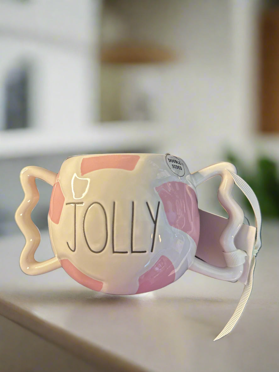 Rae Dunn Artisan Collection Double Handled Coffee Mug Cup "Jolly" Pink/White 3.5" Tall New
