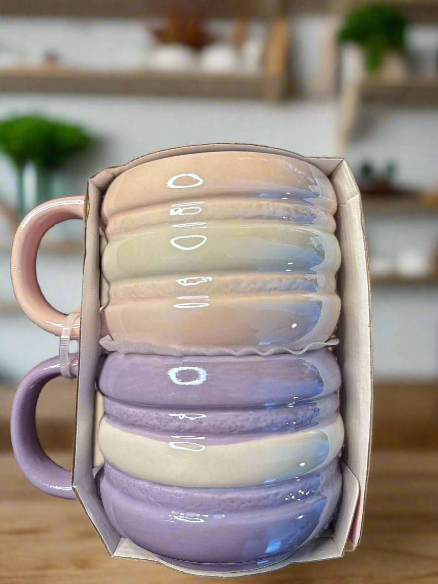 Petal & Pearl Set of 2 Coffee Cups Mugs Pink & Purple 3.5" Tall Each New