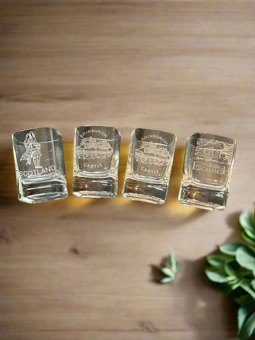 4 Burns Crystal The Dram Glass Edinburgh Castle & Scotland Square Shot Glasses 2.5" Tall
