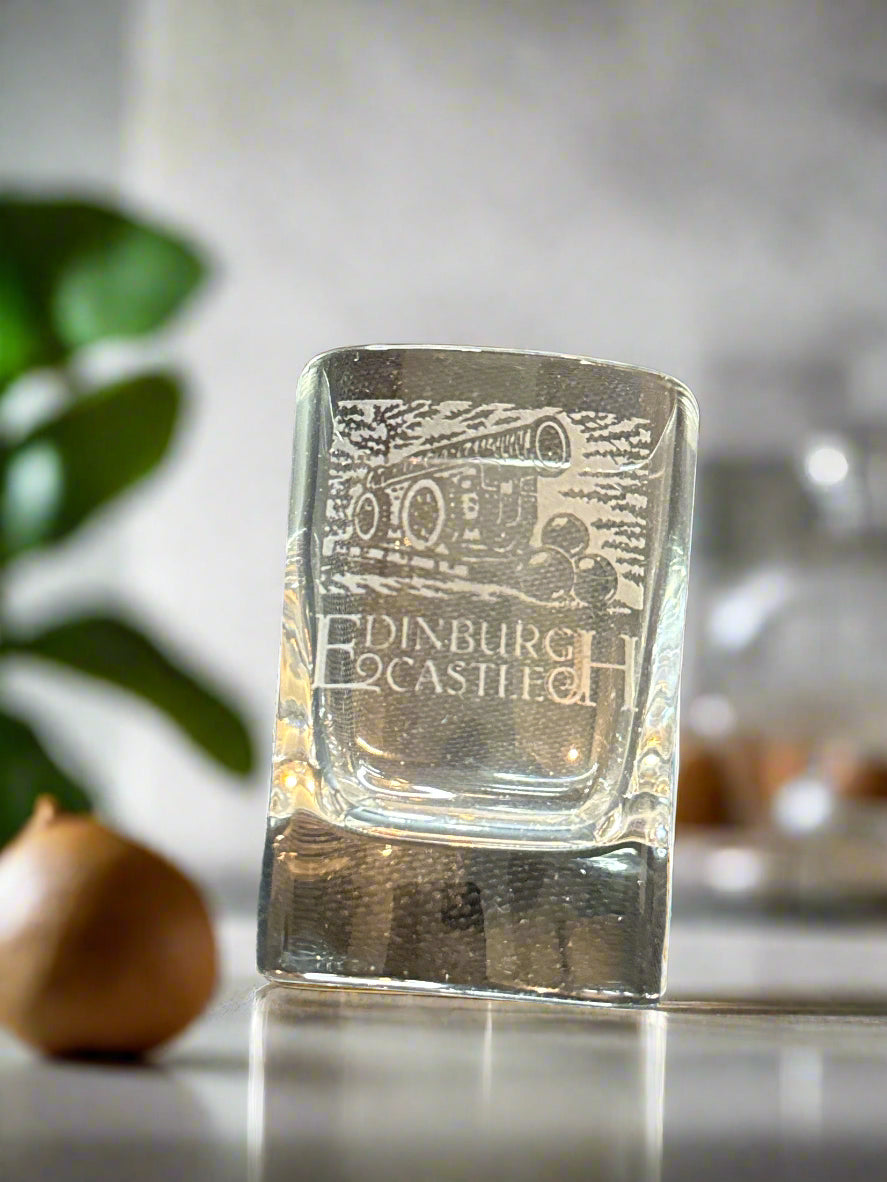 4 Burns Crystal The Dram Glass Edinburgh Castle & Scotland Square Shot Glasses 2.5" Tall