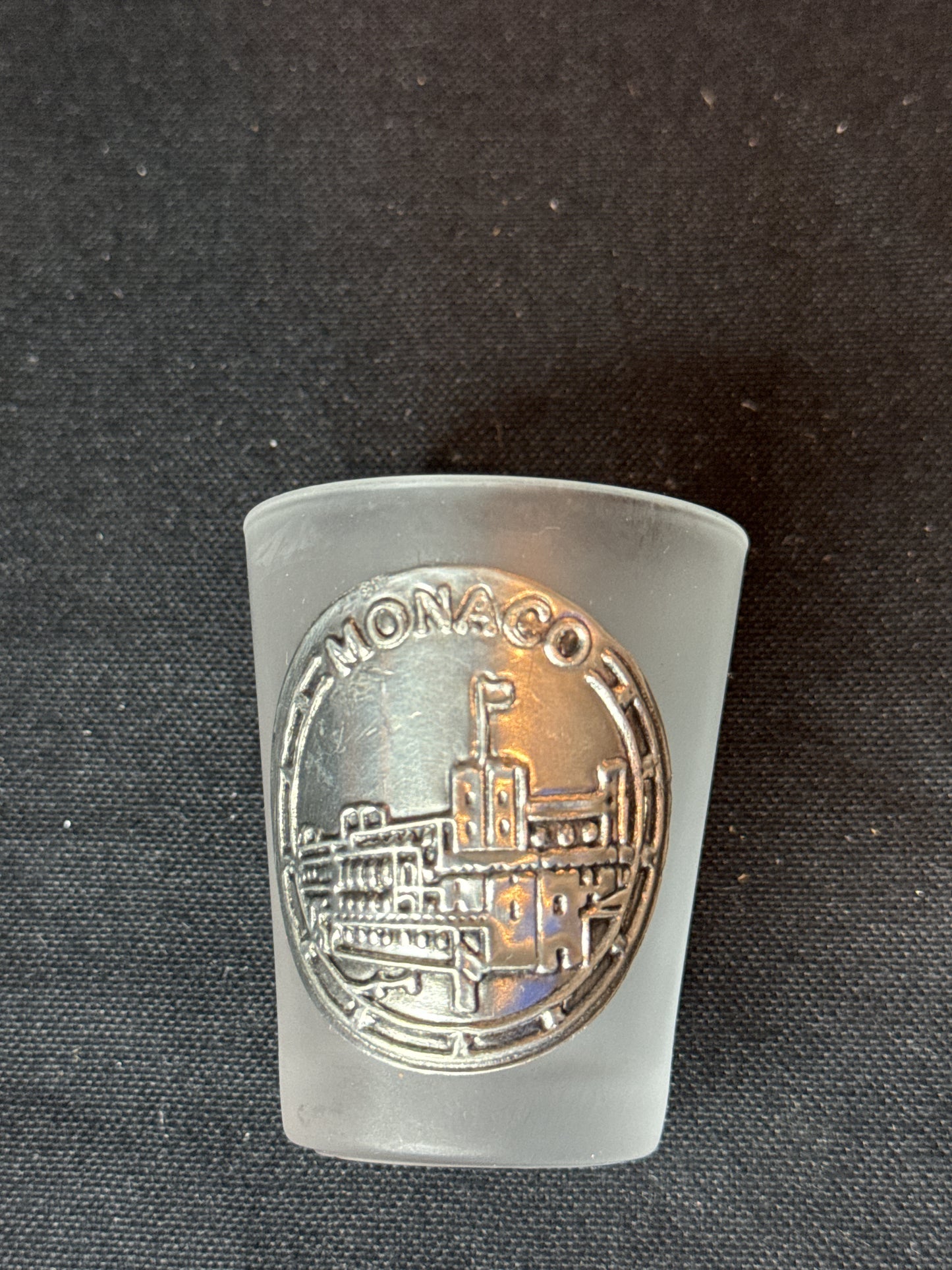 Vintage Monte Carlo and Monaco Frosted Shot Glasses with Pewter Emblems 2.25" Tall