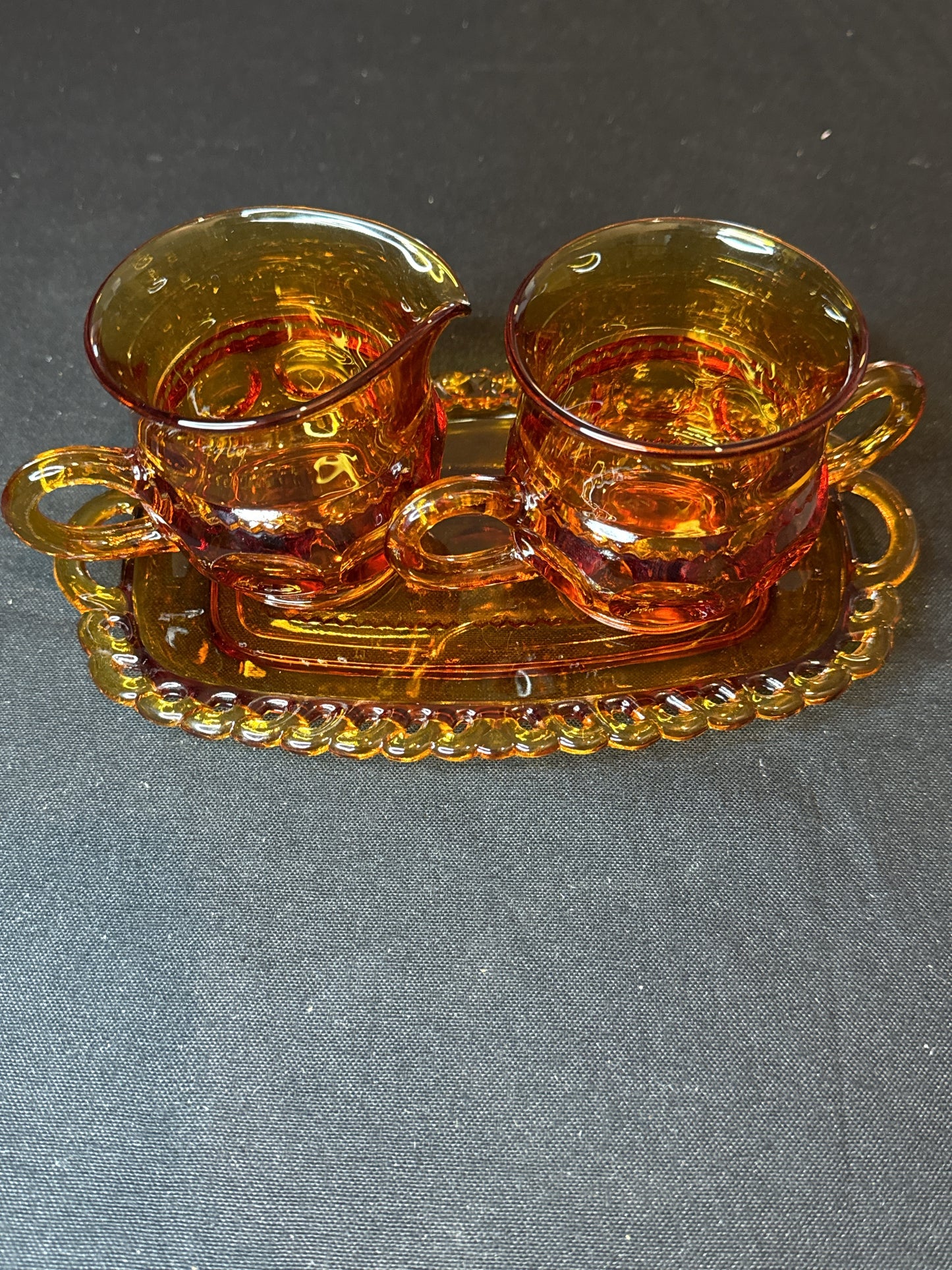 Vintage Indiana Glass Amber Kings Crown Thumbprint Cream and Sugar with Tray