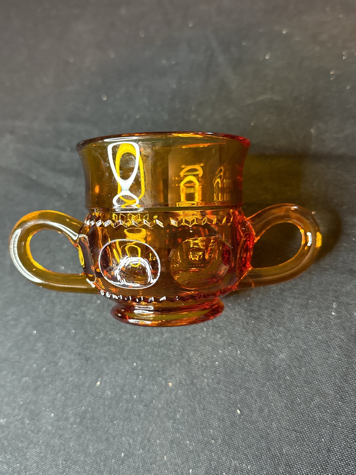 Vintage Indiana Glass Amber Kings Crown Thumbprint Cream and Sugar with Tray