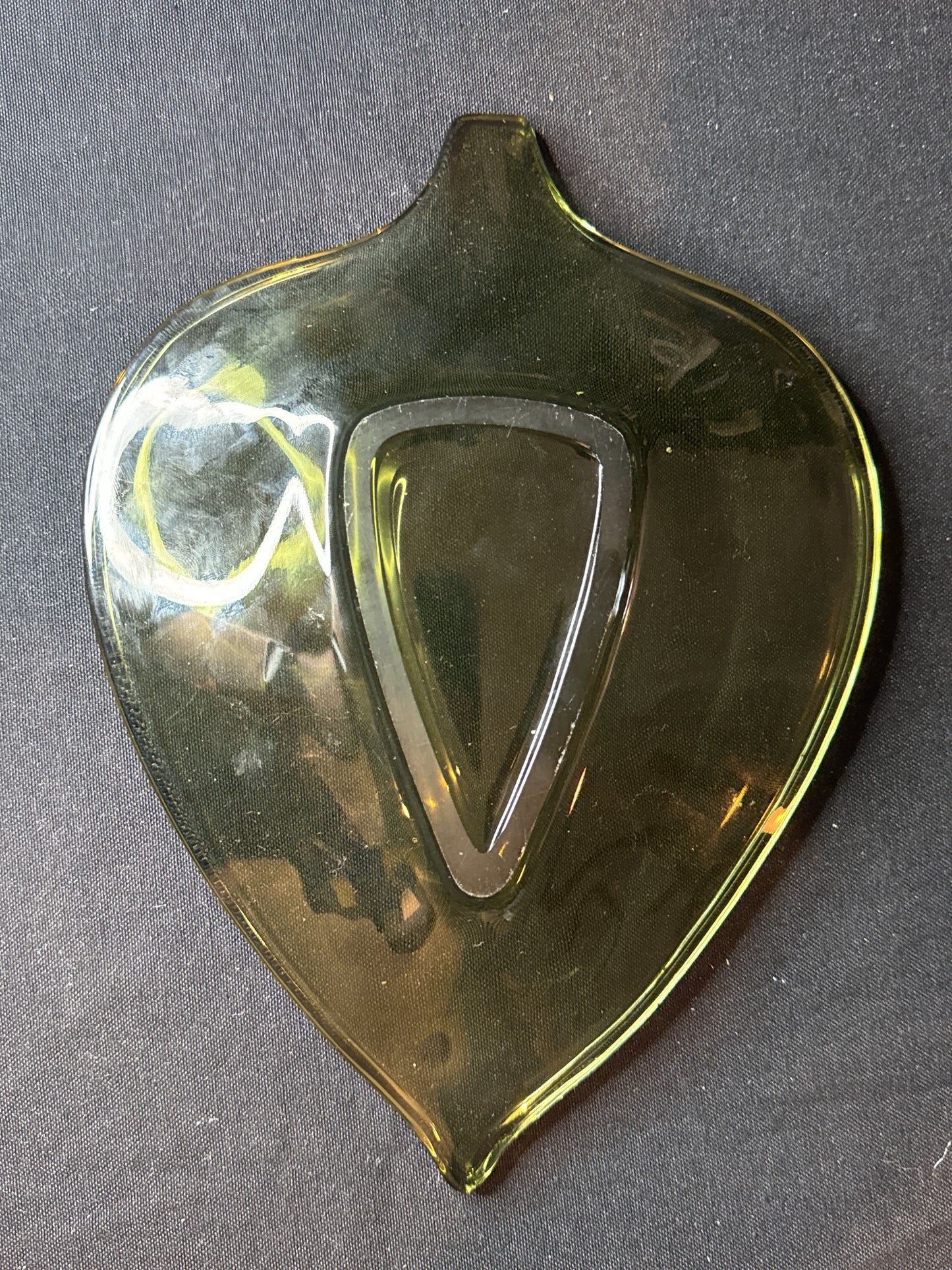 Duncan & Miller Glass Laguna Smoky Avocado Handled Candy Dish Serving Platter 10.5"