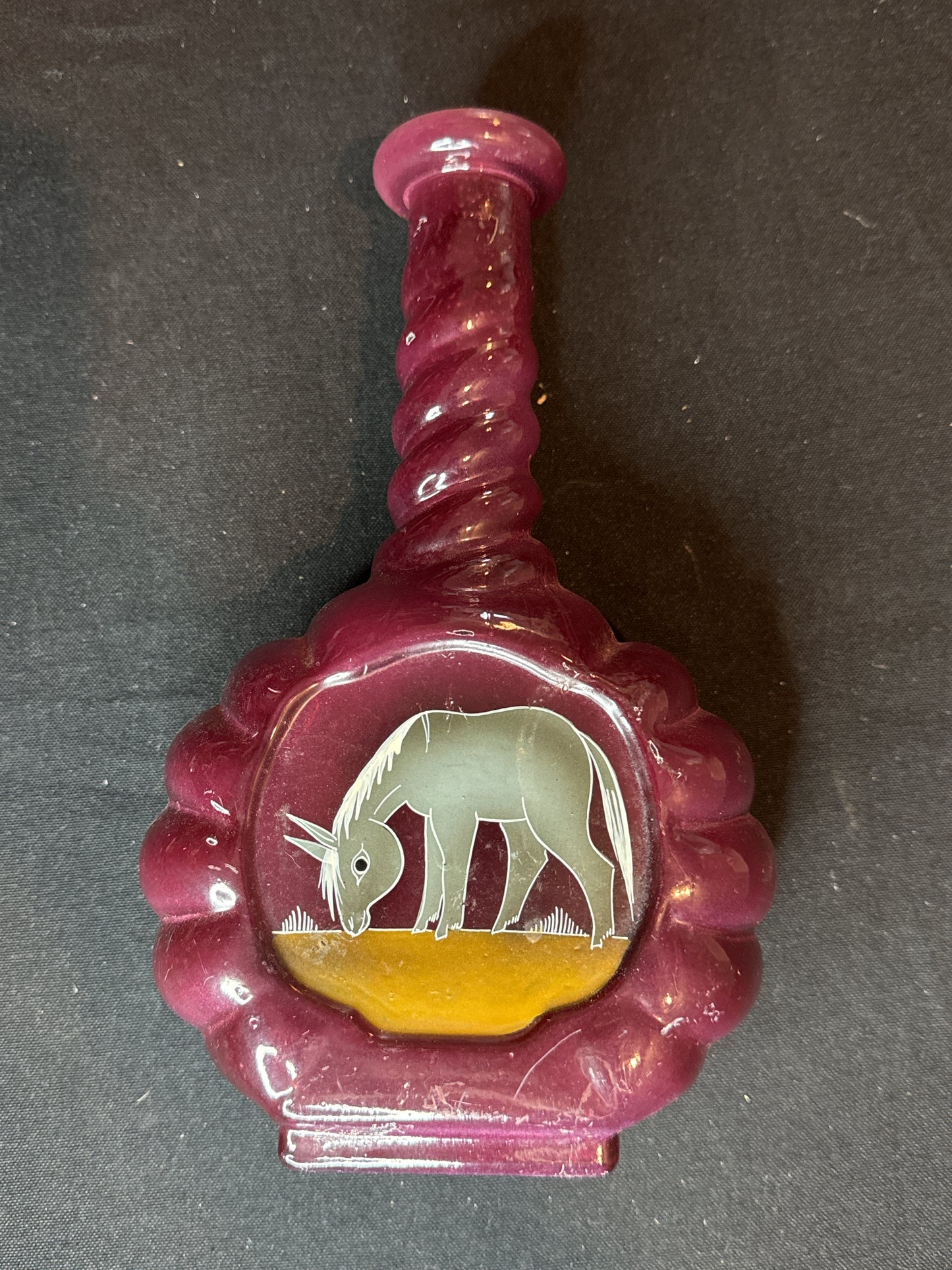 Purple Carafe Donkey Farmer Design Corkscrew Nozzle Glass Bottle 9.75" Tall