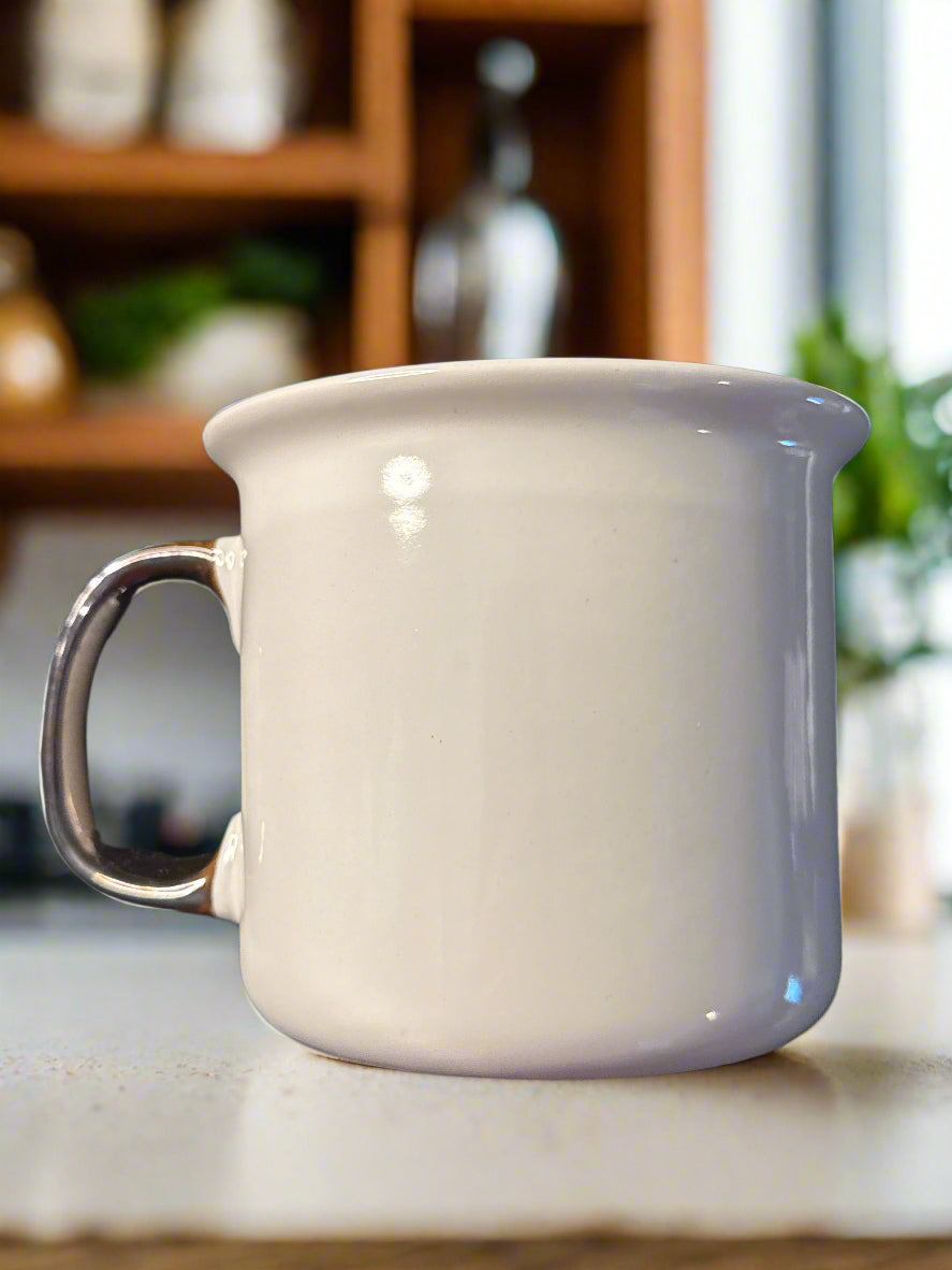 Warm & Cozy 14oz Stoneware Coffee Mug Cup White Brown Bronze 3.75" Tall