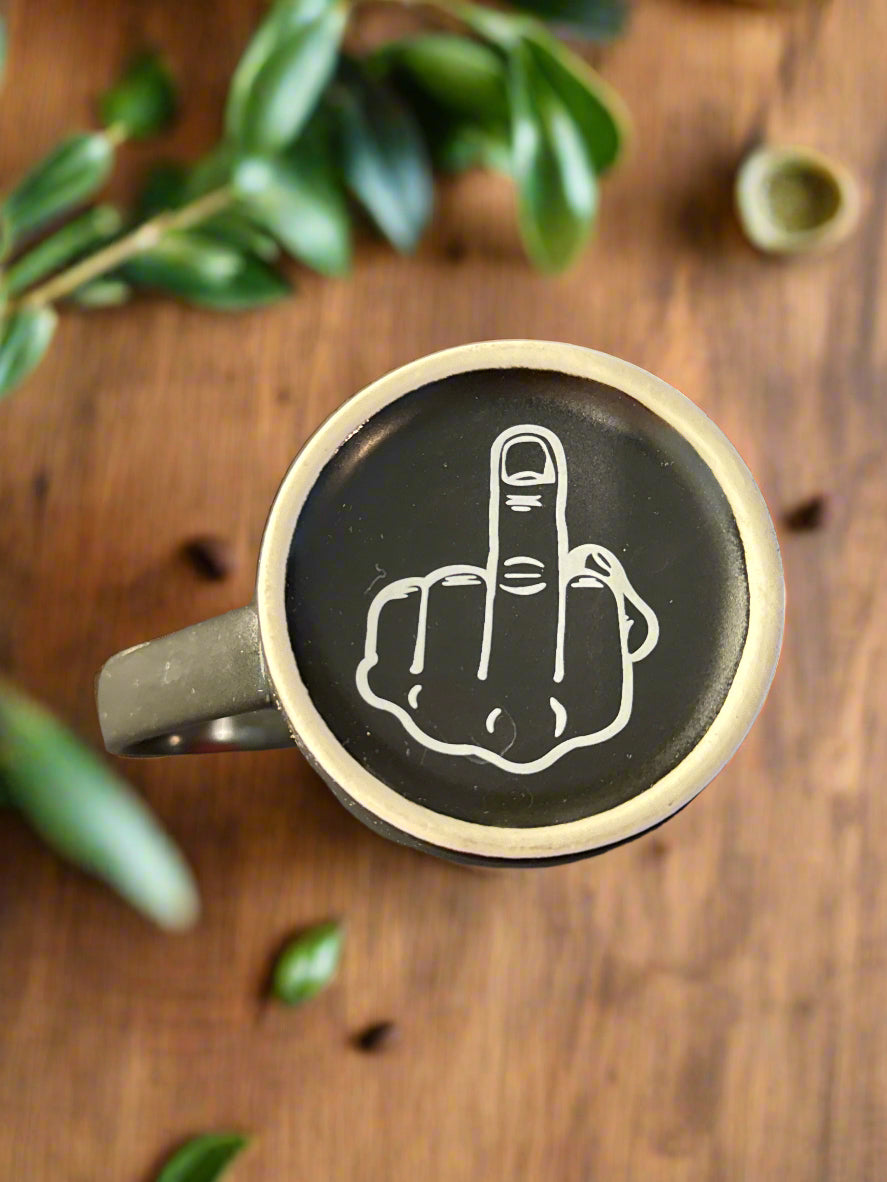 Mauag Funny Gift "Have a Great Day" Black Coffee Mug Cup Middle Finger on Bottom New 5" Tall