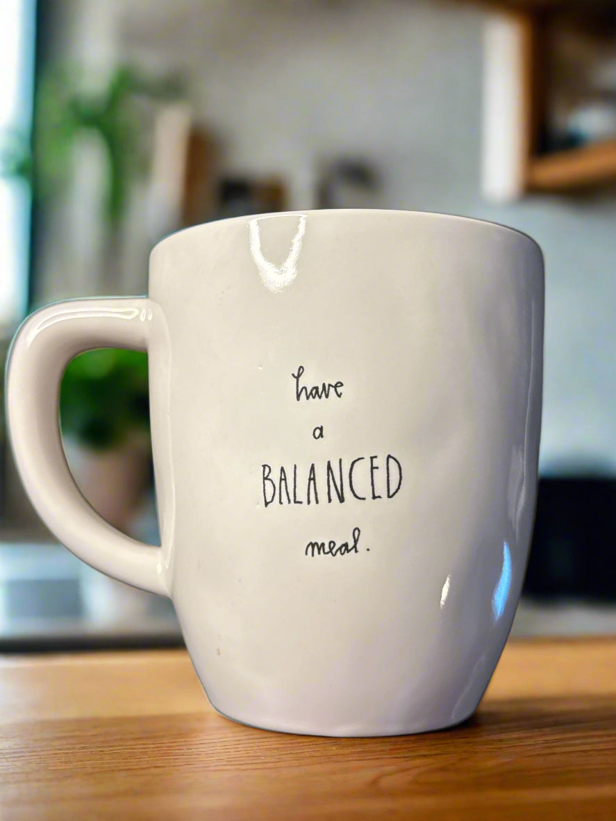 Rae Dunn Artisan Collection Have a Balanced Meal Dog Bagel Coffee Cup Mug 4.5" Tall
