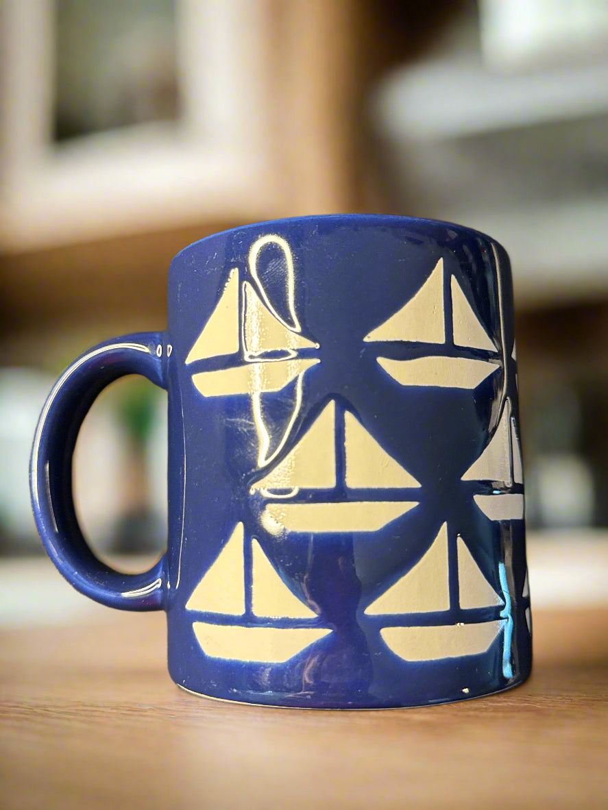 Vintage Waechterbach Cobalt and White Sailboat Coffee Cup Mug Spain 3.75" Tall New