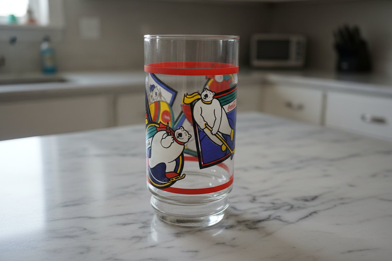 Coca Cola 1995 Polar Bear 16oz Glass Indiana Glass Winter Games 5 7/8" Tall