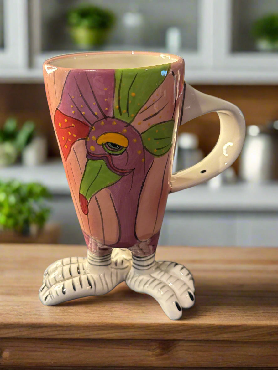 Blue Sky Clayworks 2009 Ceramic Pink Coffee Mug Bird w/ 3 Feet 8 oz 6" Tall