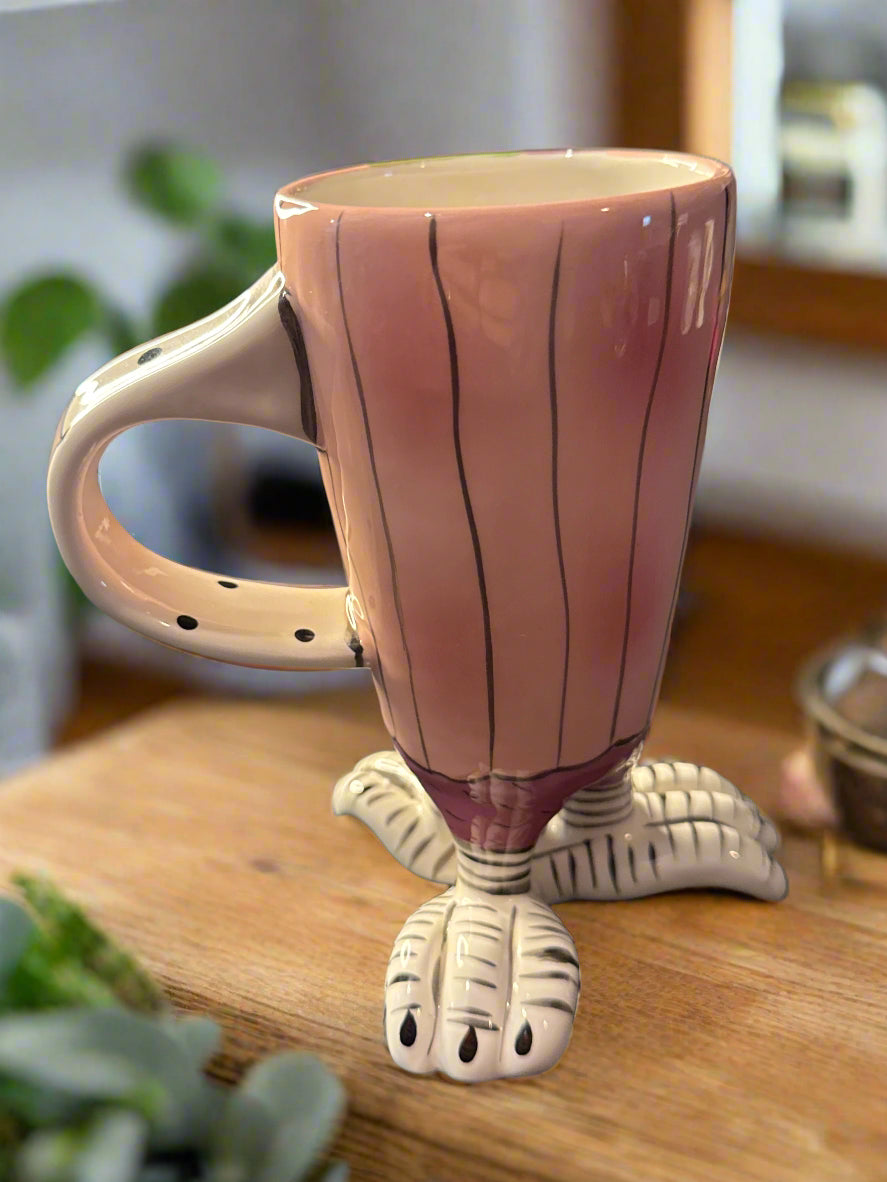 Blue Sky Clayworks 2009 Ceramic Pink Coffee Mug Bird w/ 3 Feet 8 oz 6" Tall