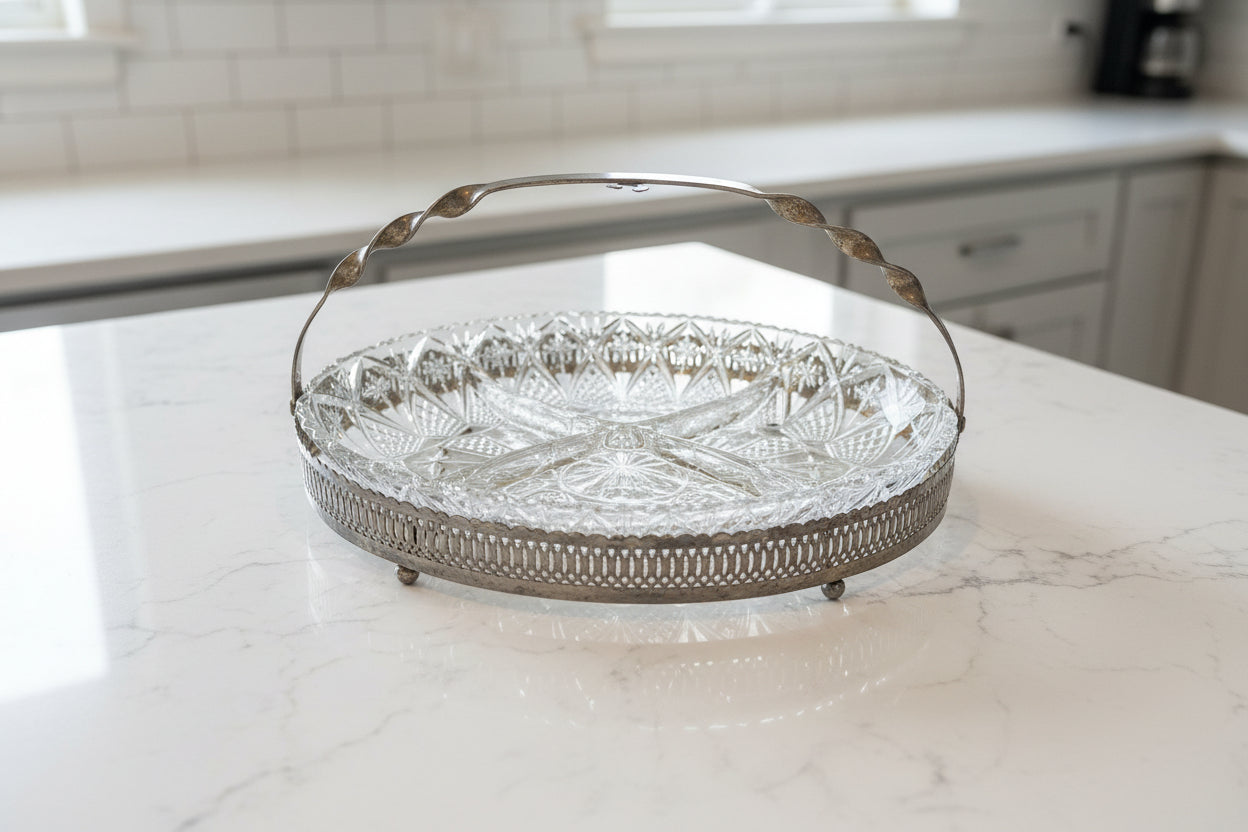 Vintage Oval Hors d'oeuvre Set Elegance Silver Plated On Steel 4 Division Glass Dish