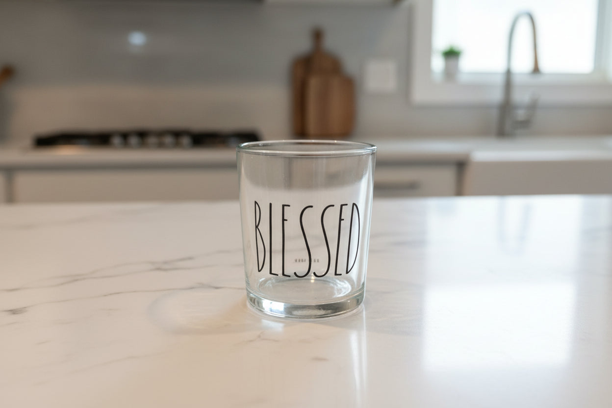 Rae Dunn BLESSED 4" Clear Glass Jar or Vase